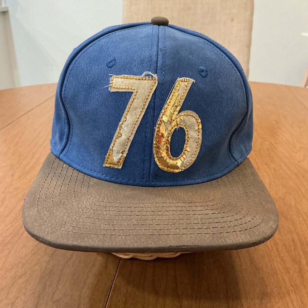Fallout 76 Snapback Hat Unisex OSFM Blue Brown Faux Leather Gaming Vault-Tec